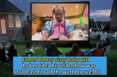 An outdoor movie screen displays a man in pink and blue clothing while seated viewers watch from lawn chairs at dusk.