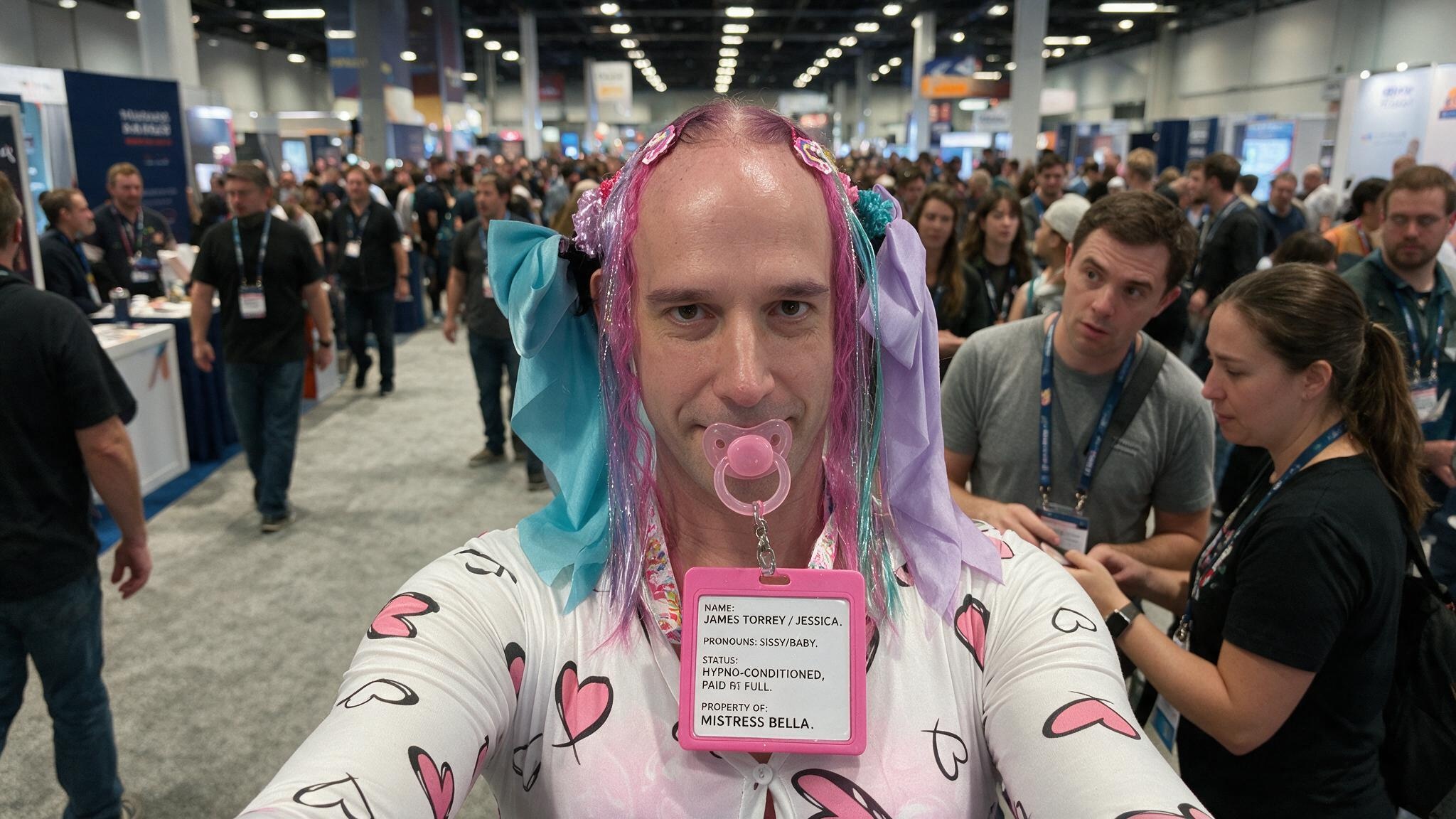 Close-up of a person with colorful hair ribbons and a pacifier badge standing in a busy convention hall.