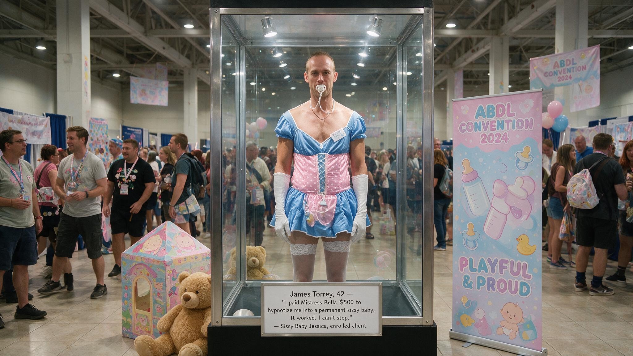 A person in a blue-and-pink costume stands inside a glass display case at a convention with pastel baby-themed signs nearby.