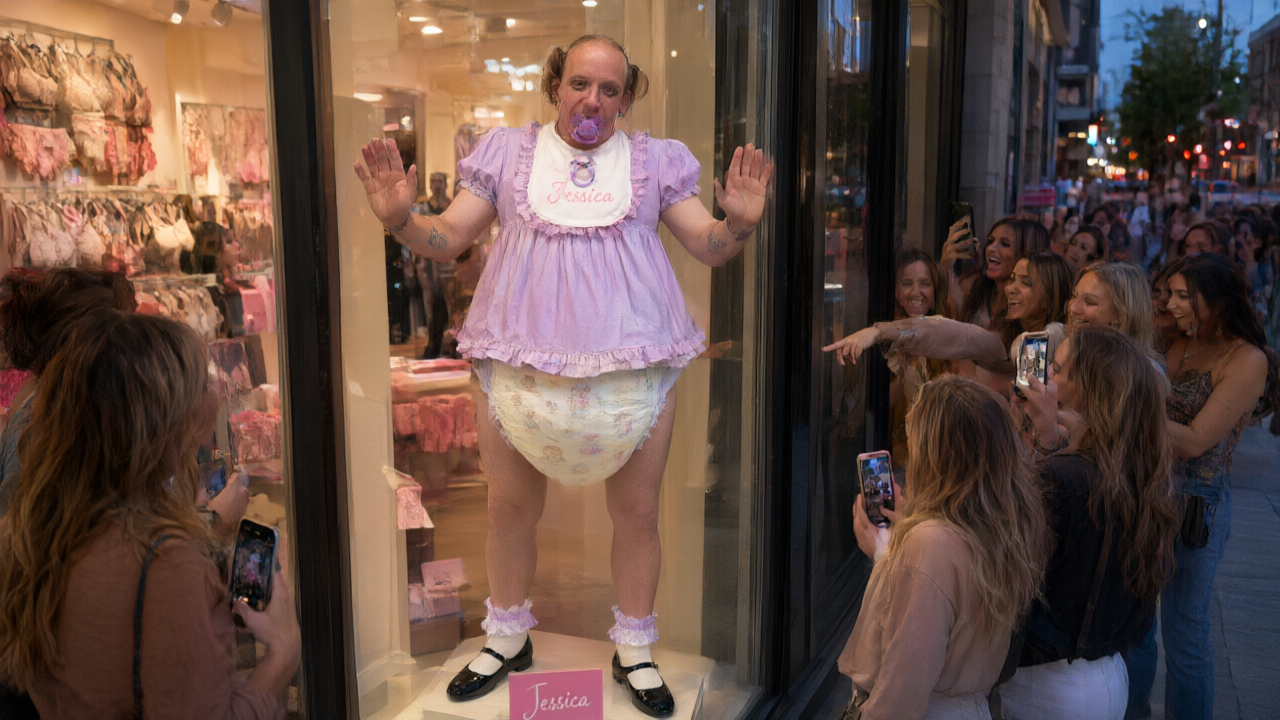 Person in a lavender baby-doll outfit stands in a shop window while a crowd outside films and points.