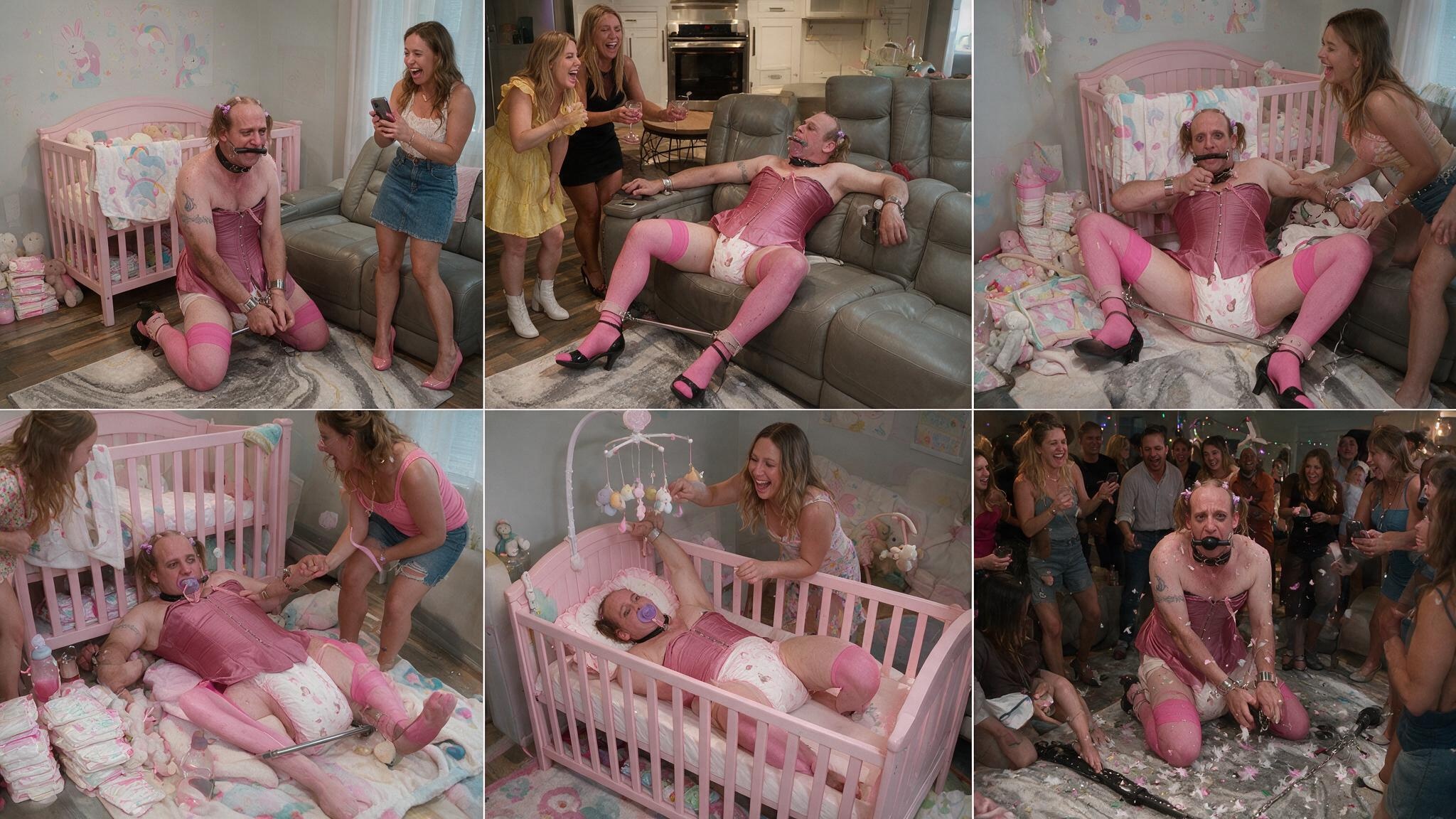 Six-panel collage of a person in a pink baby-themed outfit posing in a nursery room and on a couch.