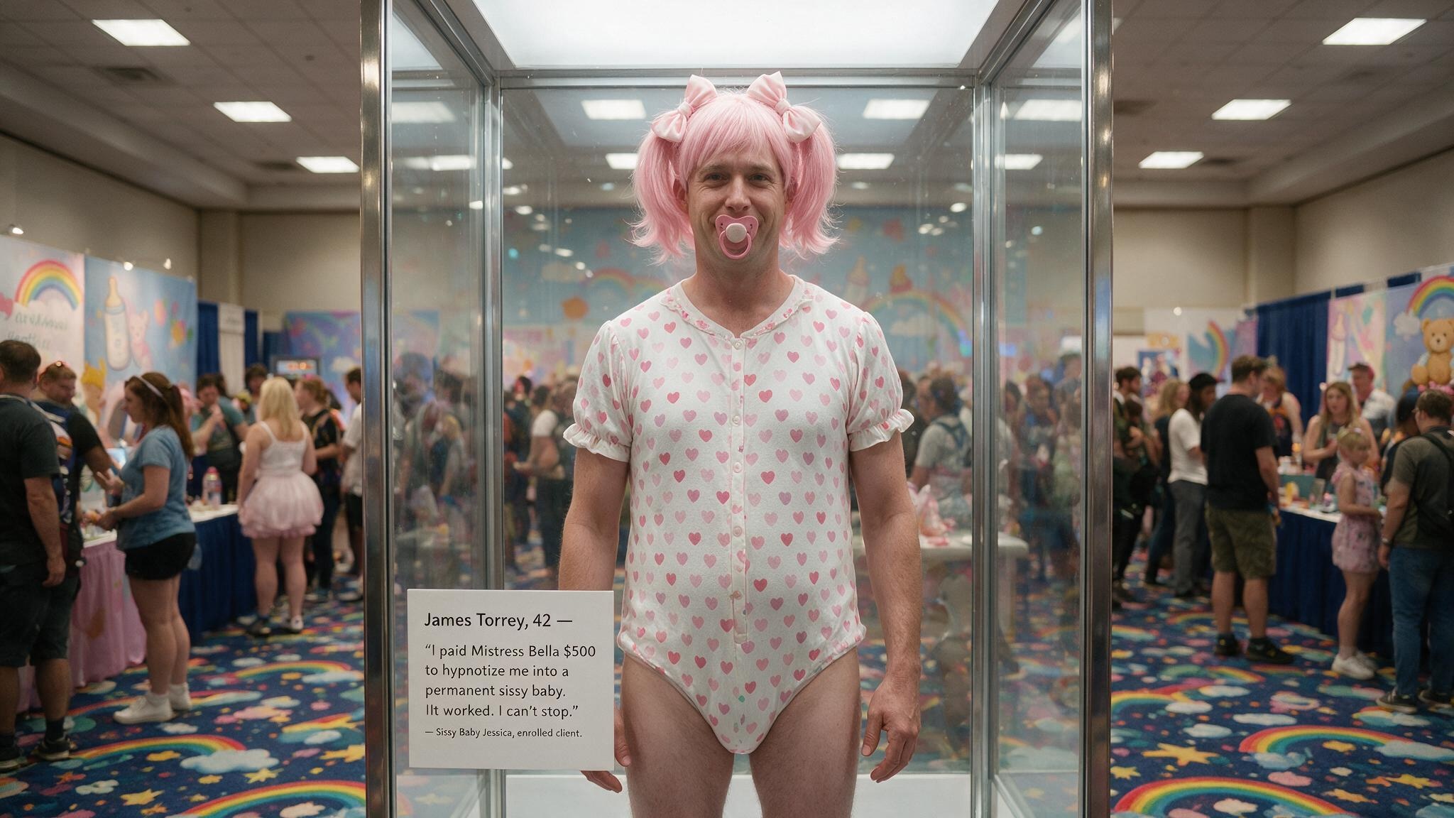 A person in a pink wig and heart-print onesie stands inside a glass display case at a busy indoor gathering.