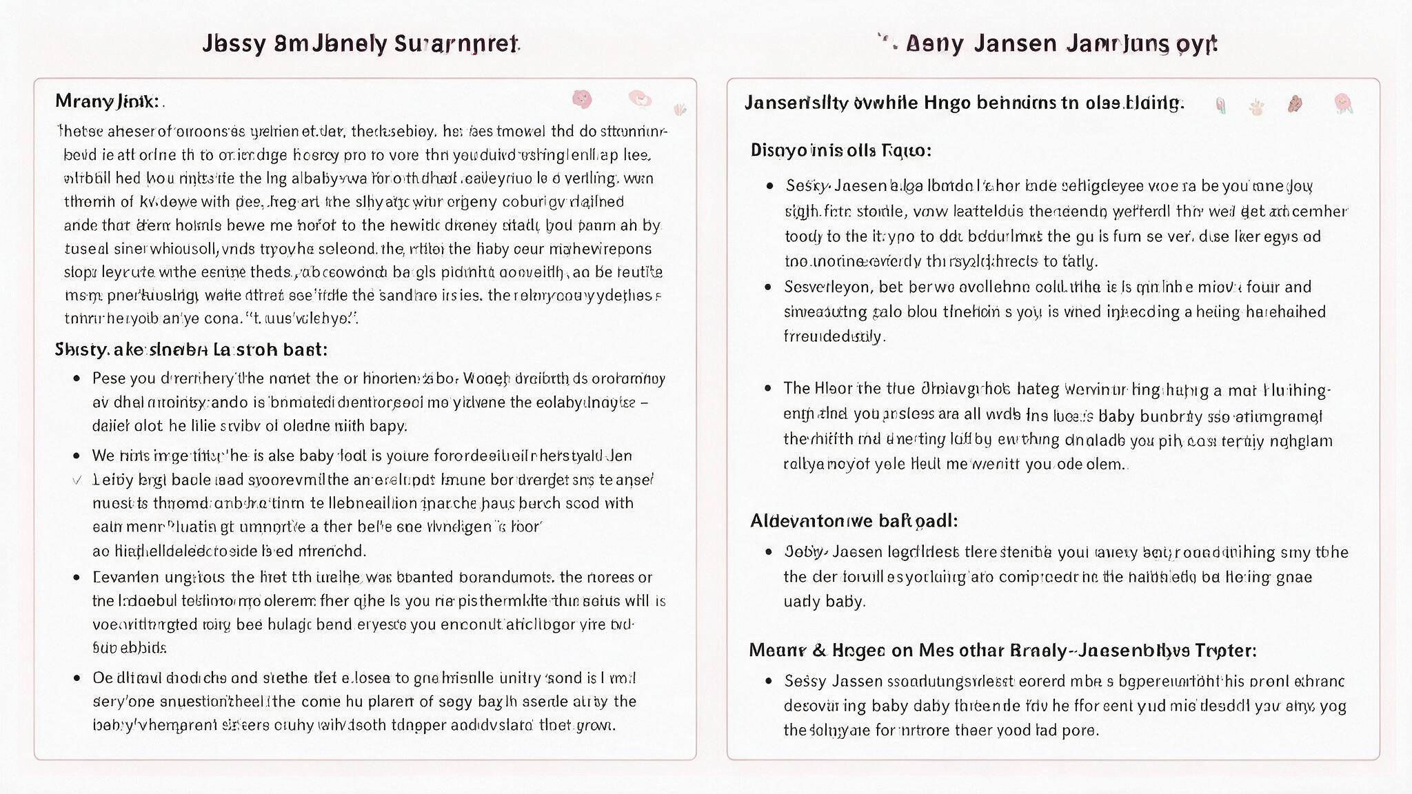 A two-page document spread shows dense black text, headings, and bullet points on a white background.