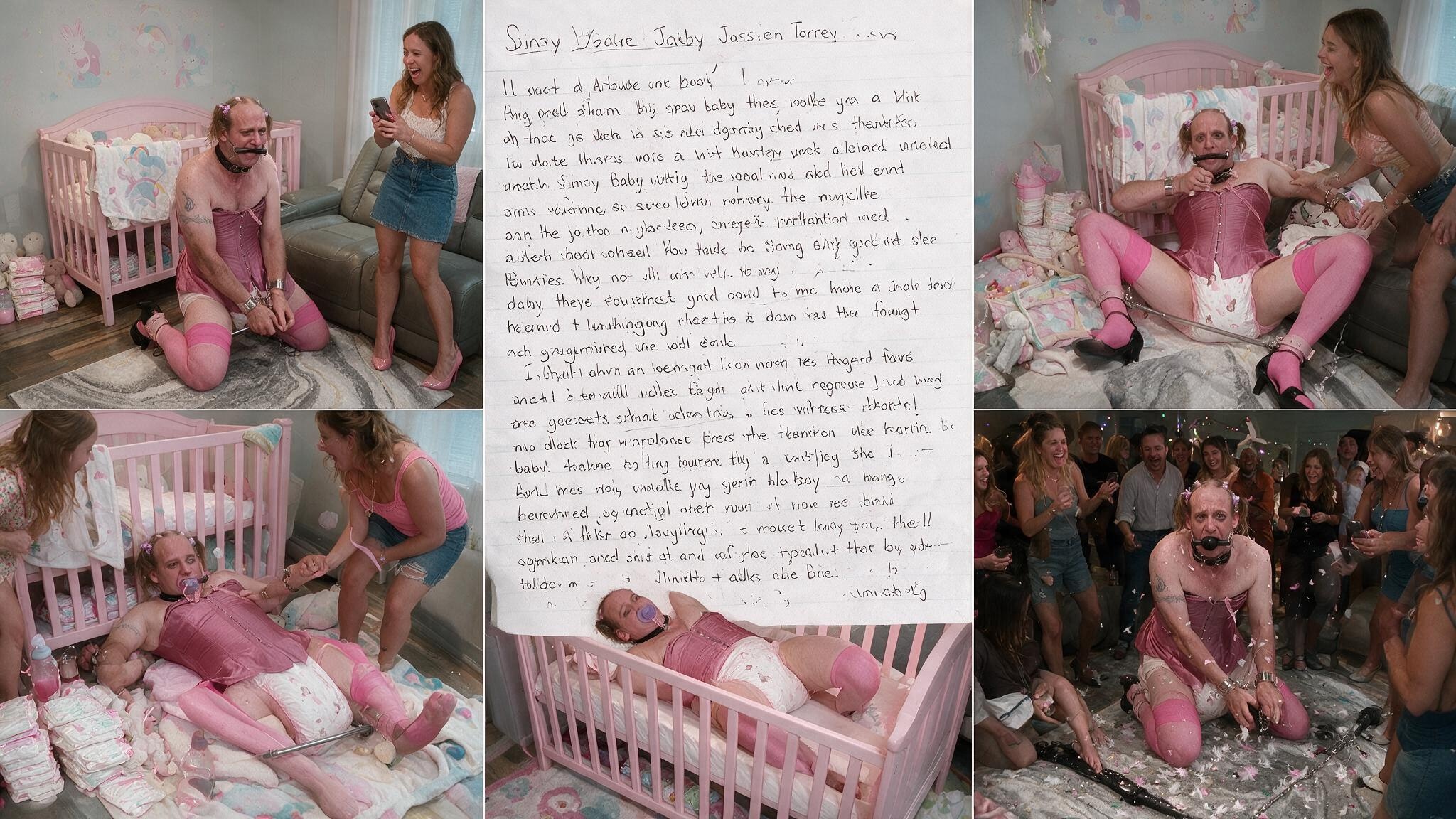 A six-panel collage mixes nursery scenes, a handwritten page, and a crowd-covered party moment.