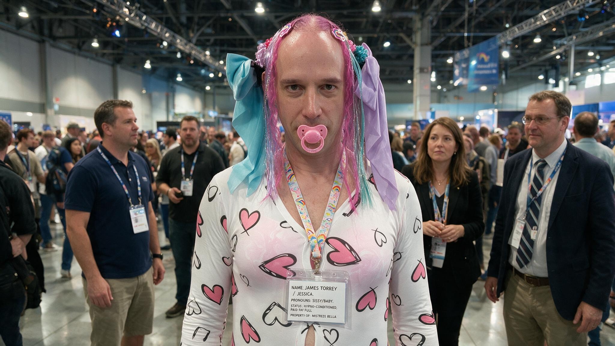A person in a heart-print outfit with pastel ribbons and a pacifier stands in a crowded convention hall.