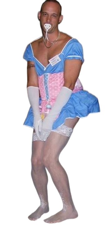 A person in a blue-and-pink costume stands indoors wearing white gloves, stockings, and a pacifier.